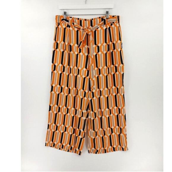 Womens Wide Leg Pants Petite Large Orange Satin Geo-Print Mod Funky Groovy - Picture 2 of 16